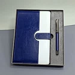 Toptan Mavi Beyaz Deri Kapaklı Defter Ve Metal Kalem Set