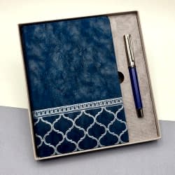 Toptan Kutulu Desenli Deri Defter Ve Metal Roller Kalem Set