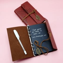 Toptan Kahverengi Siyah Yapraklı Deri Defter Ve Beyaz Jel Kalem Set