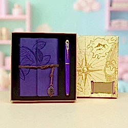 Toptan Yaprak Desenli Deri Defter Ve Mor Metal Kalem Seti