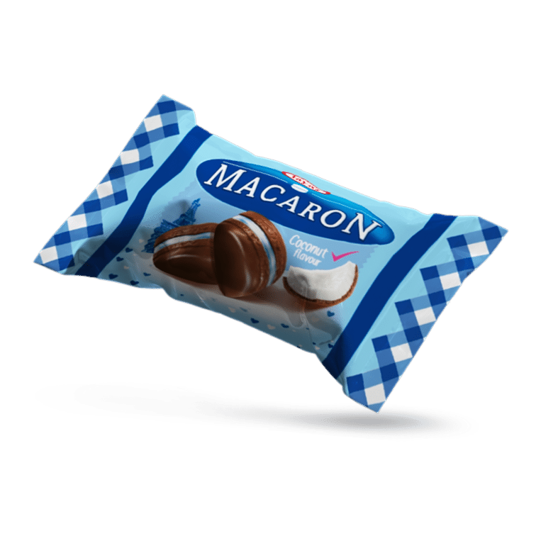 Macaron - Hindistan Cevizi Aromalı, Krema Dolgulu, Pirinç Patlaklı Sütlü Kokolin